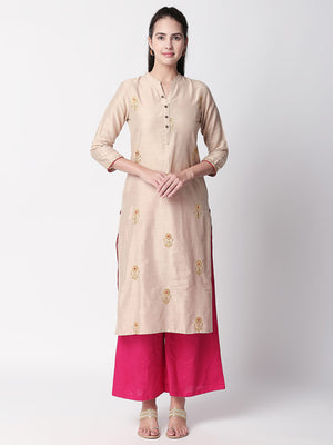Ethnicity Handmade Beige Long Kurta Tunic with Embroidery and Button Placket