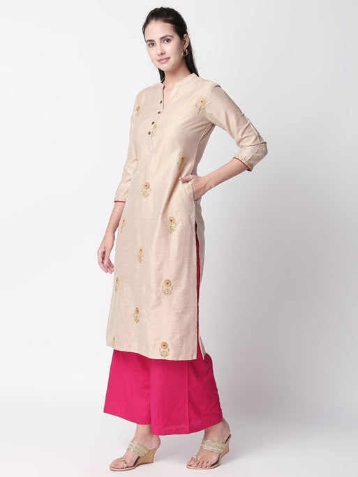 Ethnicity Handmade Beige Long Kurta Tunic with Embroidery and Button Placket