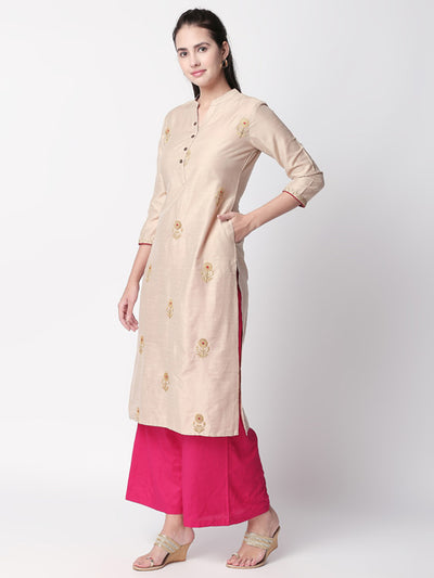 Ethnicity Handmade Beige Long Kurta Tunic with Embroidery and Button Placket
