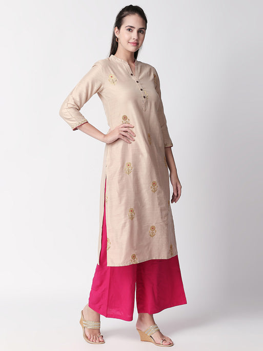 Ethnicity Handmade Beige Long Kurta Tunic with Embroidery and Button Placket