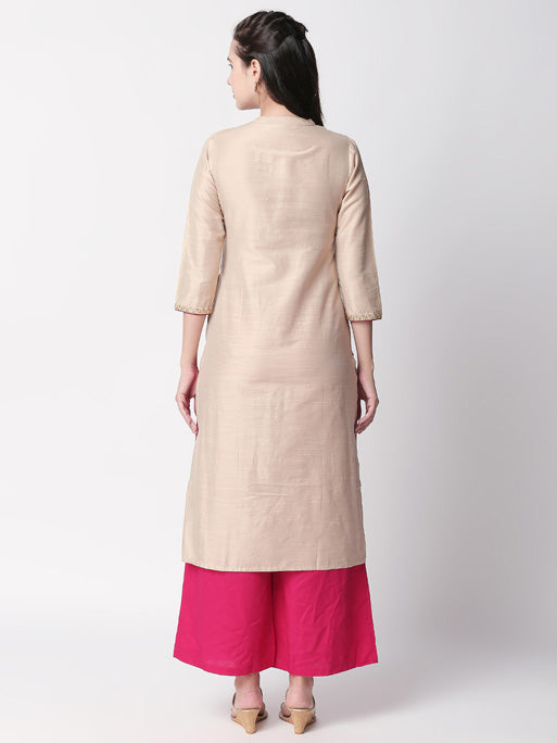 Ethnicity Handmade Beige Long Kurta Tunic with Embroidery and Button Placket