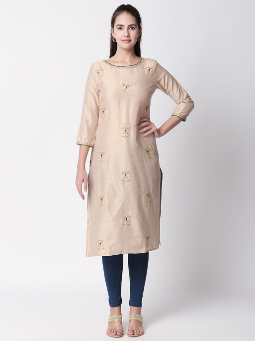 Ethnicity Beige Long Kurta Tunic with Teal Accented Embroidery