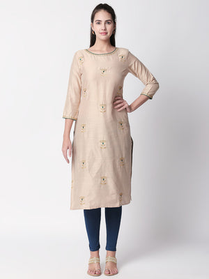 Ethnicity Beige Long Kurta Tunic with Teal Accented Embroidery