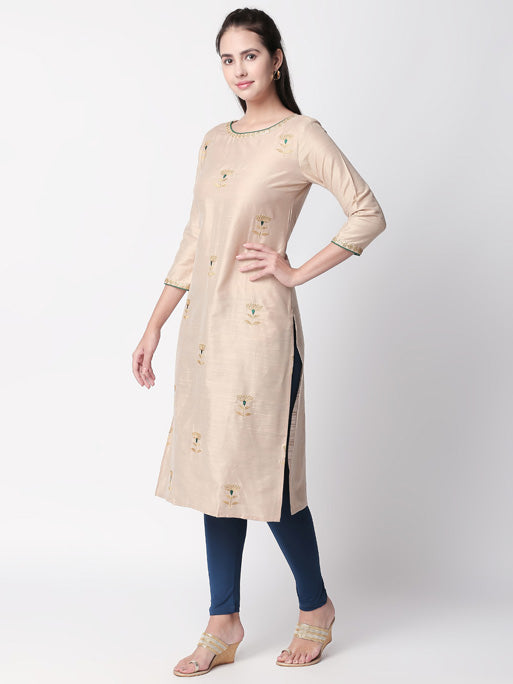 Ethnicity Beige Long Kurta Tunic with Teal Accented Embroidery