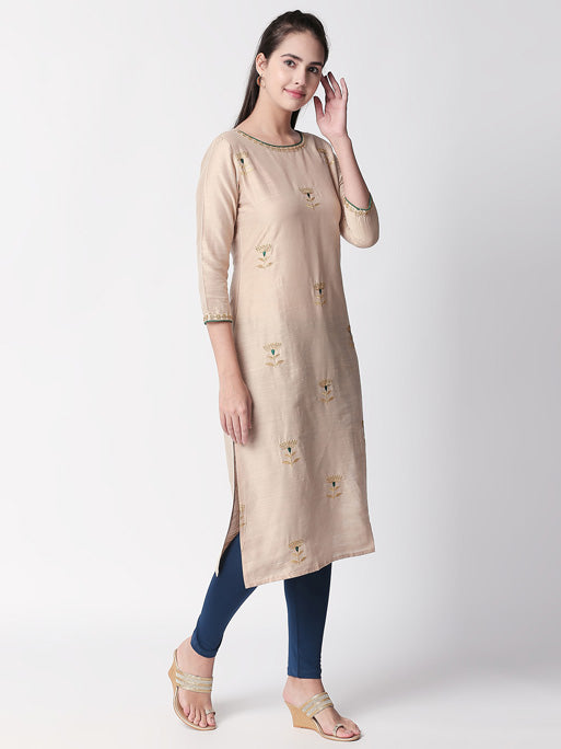 Ethnicity Beige Long Kurta Tunic with Teal Accented Embroidery