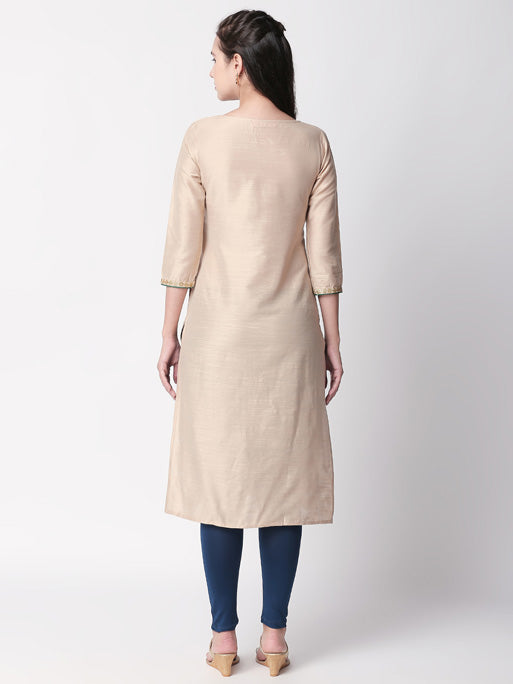 Ethnicity Beige Long Kurta Tunic with Teal Accented Embroidery