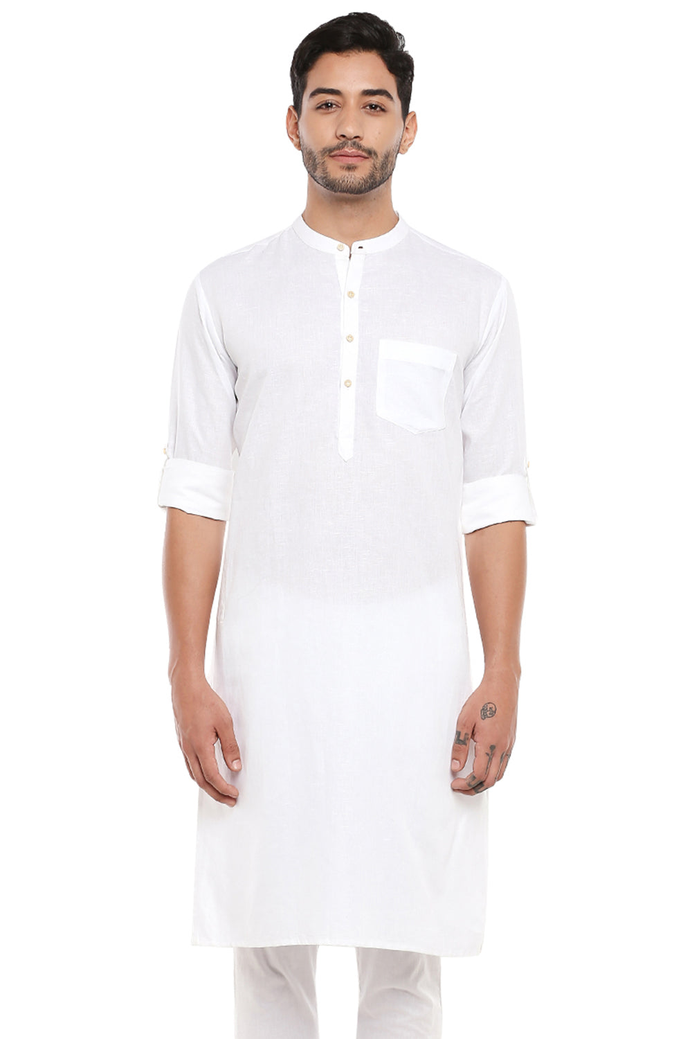 In-Sattva Men's Indian Band Collar Pure Cotton Kurta Tunic with Roll-up Sleeves White