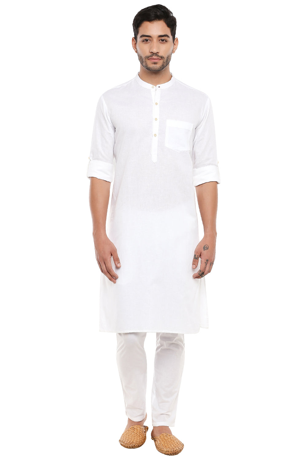 In-Sattva Men's Indian Band Collar Pure Cotton Kurta Tunic with Roll-up Sleeves White