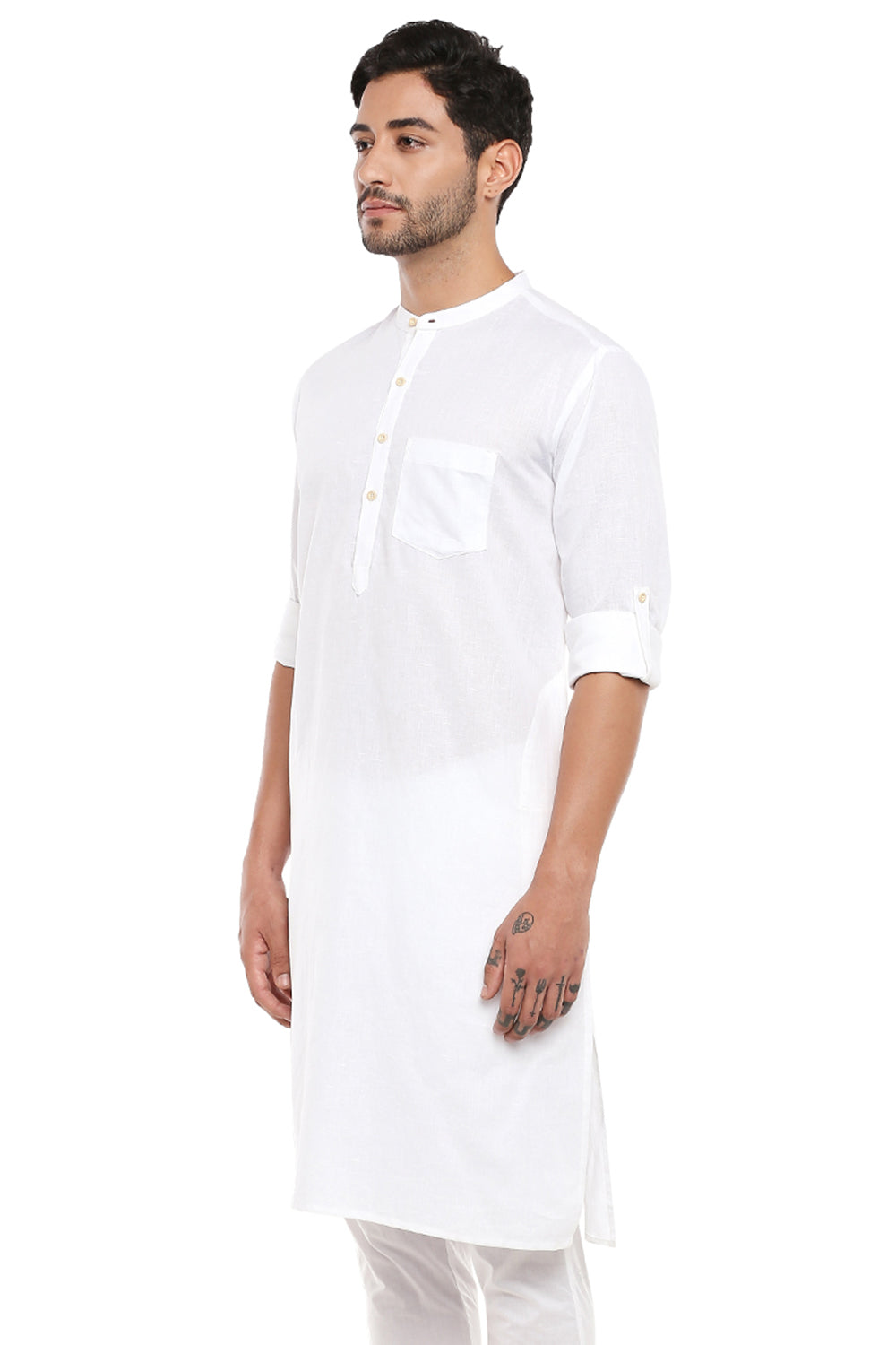 In-Sattva Men's Indian Band Collar Pure Cotton Kurta Tunic with Roll-up Sleeves White