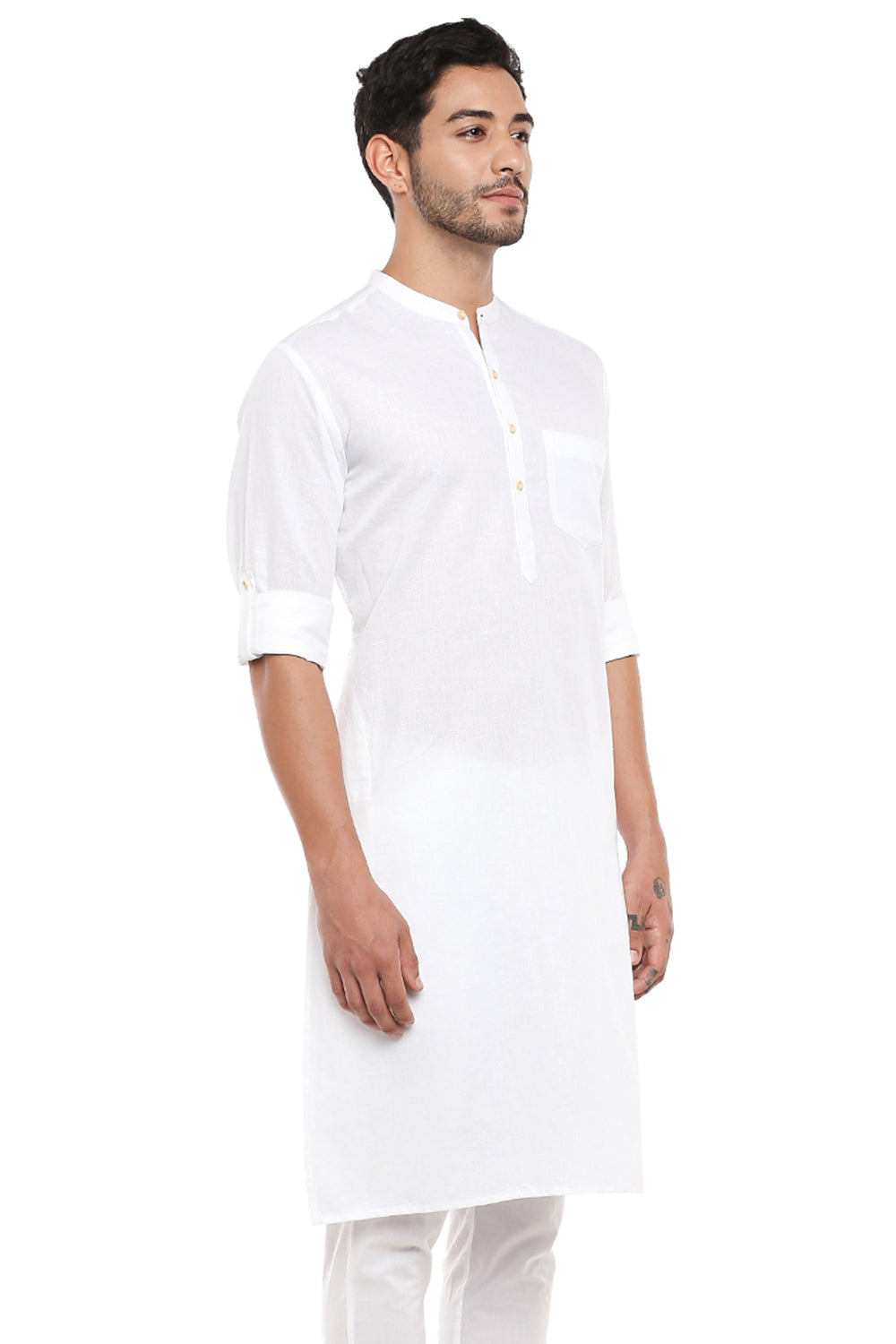 In-Sattva Men's Indian Band Collar Pure Cotton Kurta Tunic with Roll-up Sleeves White
