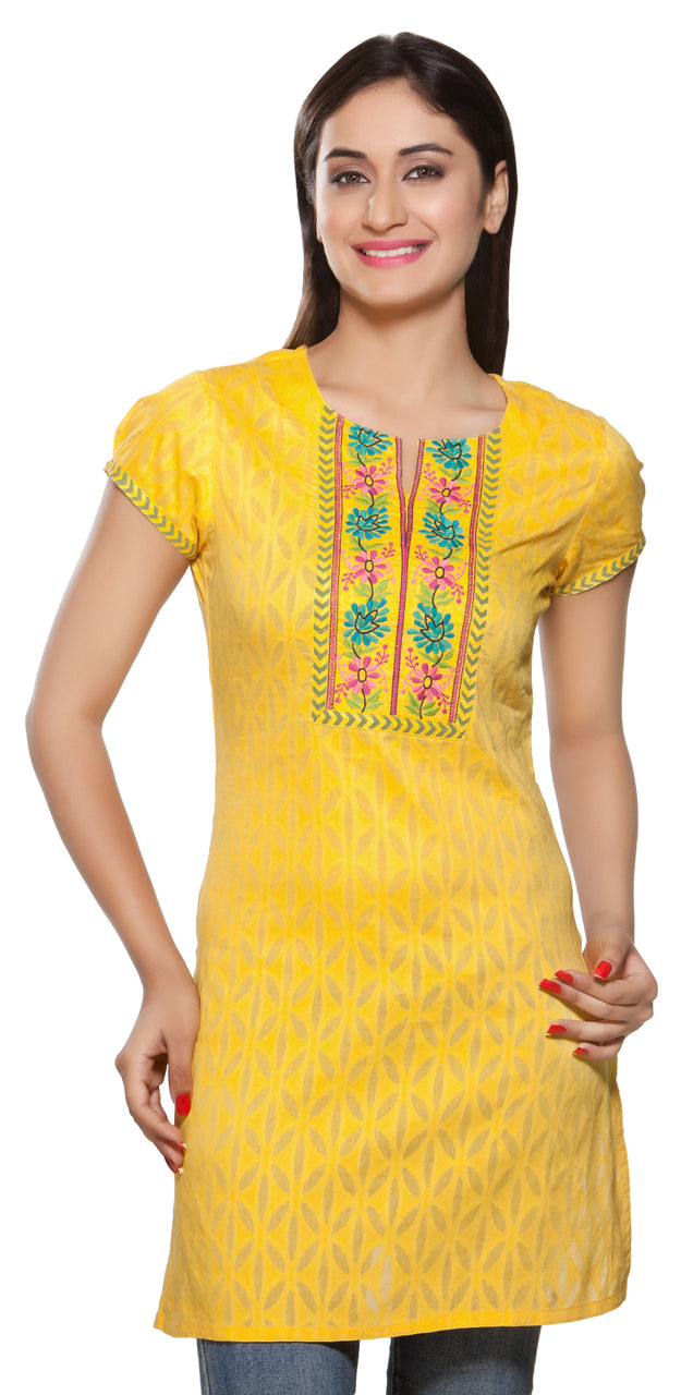Rangmanch Women's Kurta Tunic- Embroidered Neck Yoke ÌÎå«ÌÎ_ÌÎÌ_ÌÎåÌÎÌ_ÌÎå´ Yellow Front