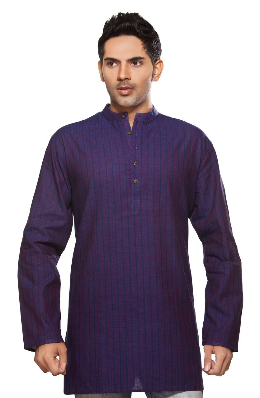 Shatranj Men's Kurta Tunic Banded Collar Thin Stripe Purple Shirt