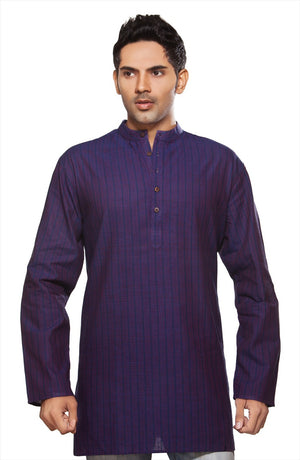 Shatranj Men's Kurta Tunic Banded Collar Thin Stripe Purple Shirt