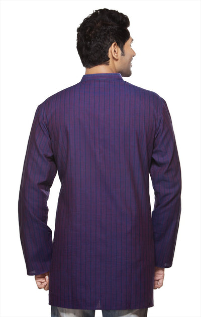 Shatranj Men's Kurta Tunic Banded Collar Thin Stripe Purple Shirt