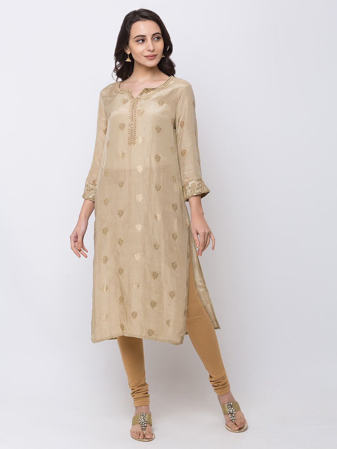 Ethnicity Long Beige Jacquard Kurta Tunic