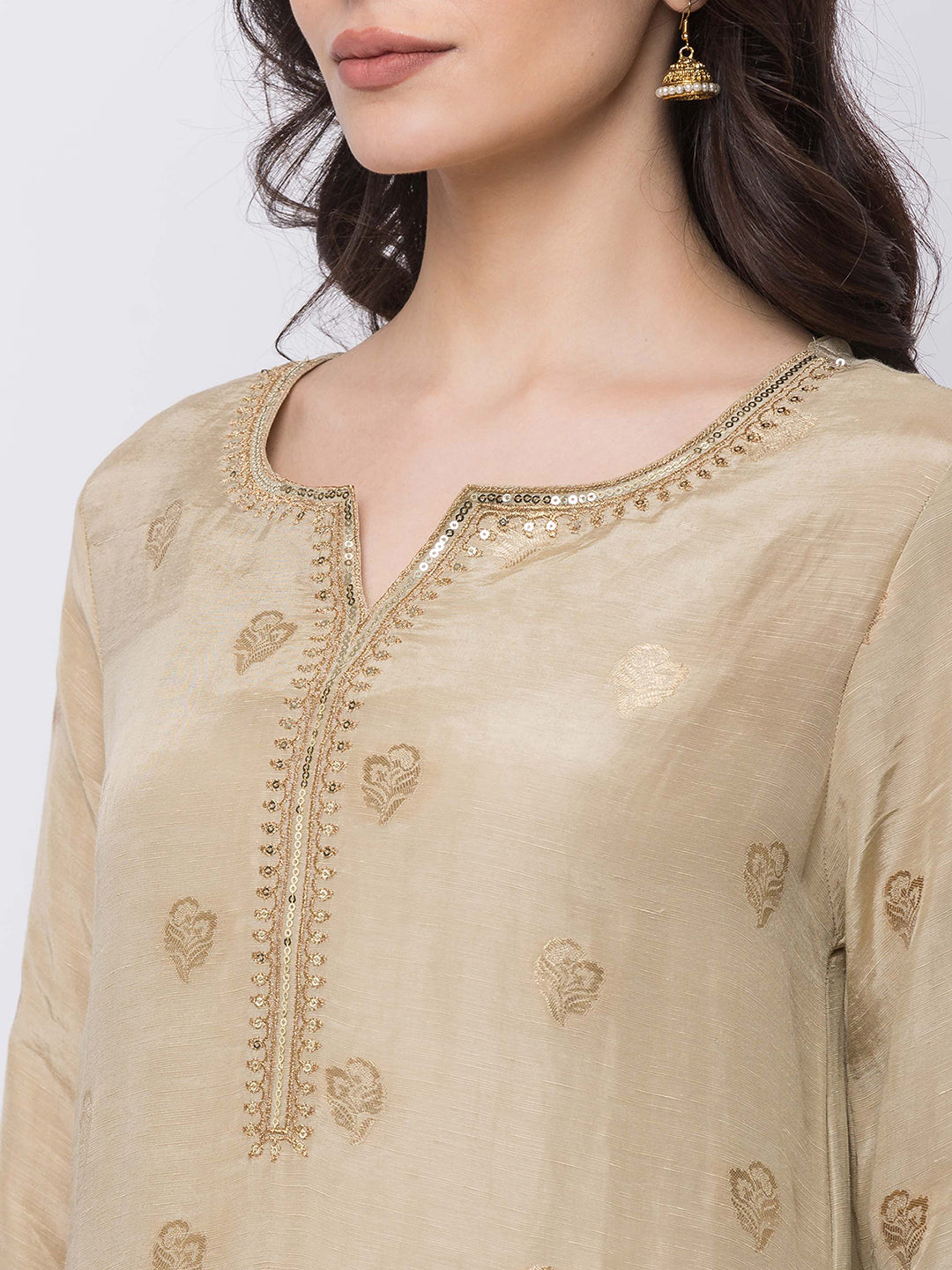 Ethnicity Long Beige Jacquard Kurta Tunic