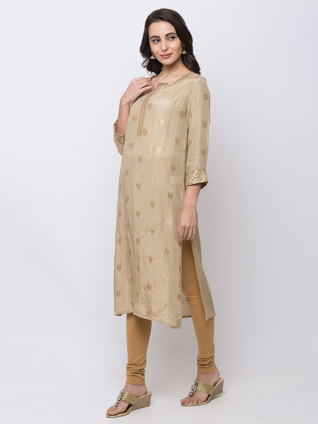 Ethnicity Long Beige Jacquard Kurta Tunic