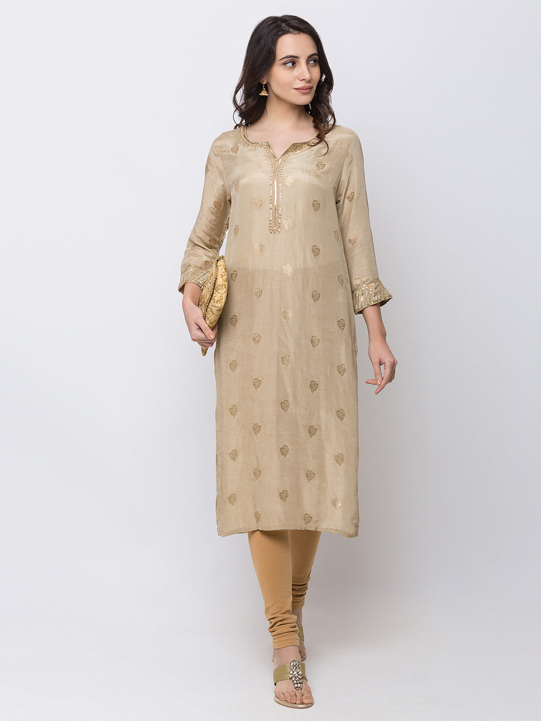 Ethnicity Long Beige Jacquard Kurta Tunic
