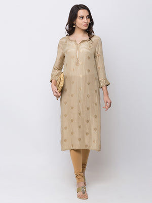 Ethnicity Long Beige Jacquard Kurta Tunic