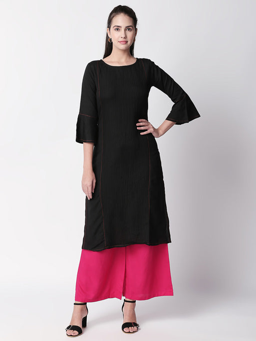 Ethnicity Pleated Black Long Kurta Tunic with Bell Sleeves