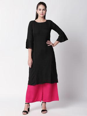 Ethnicity Pleated Black Long Kurta Tunic with Bell Sleeves