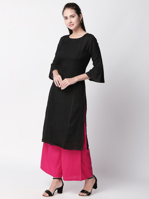 Ethnicity Pleated Black Long Kurta Tunic with Bell Sleeves