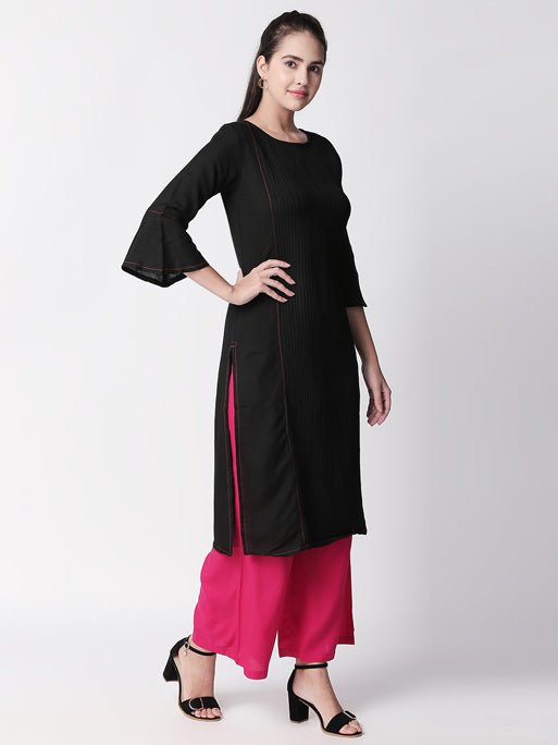 Ethnicity Pleated Black Long Kurta Tunic with Bell Sleeves