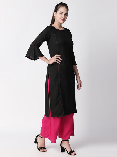 Ethnicity Pleated Black Long Kurta Tunic with Bell Sleeves