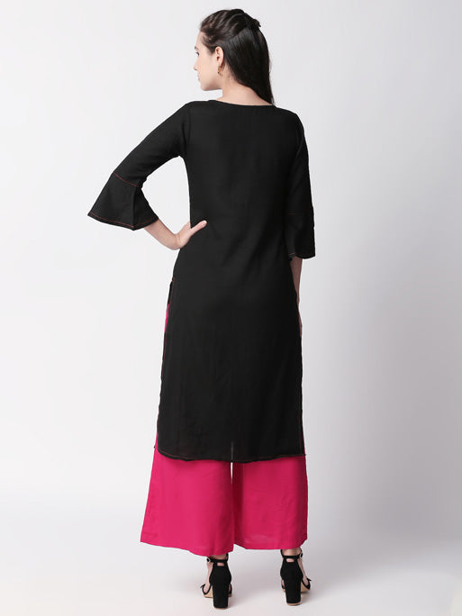 Ethnicity Pleated Black Long Kurta Tunic with Bell Sleeves