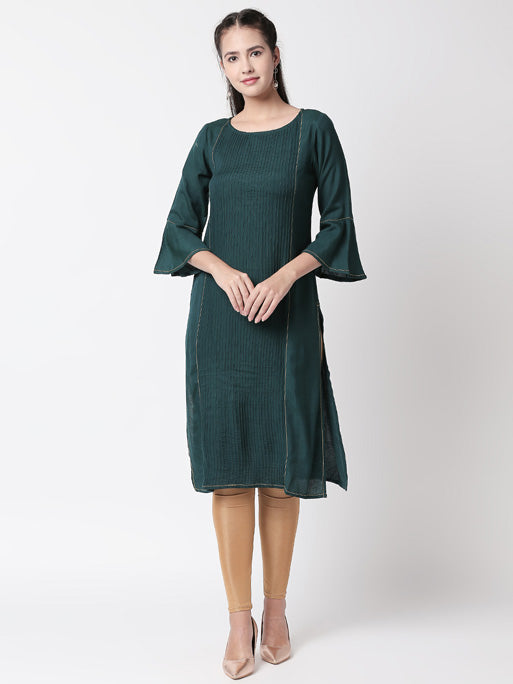 Ethnicity Pleated Teal Long Kurta Tunic with Bell Sleeves