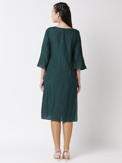 Ethnicity Pleated Teal Long Kurta Tunic with Bell Sleeves