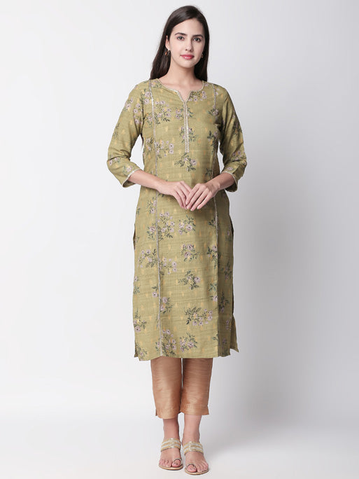 Ethnicity Artisan Olive Long Kurta Tunic with Floral Print