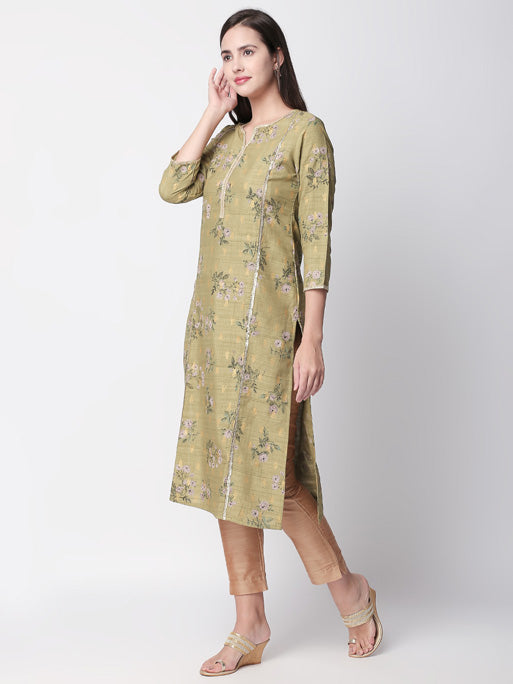 Ethnicity Artisan Olive Long Kurta Tunic with Floral Print