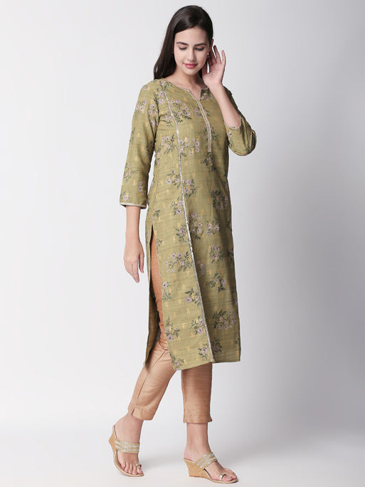 Ethnicity Artisan Olive Long Kurta Tunic with Floral Print