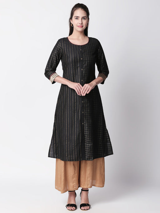 Ethnicity Metallic Black  A-Line Long Kurta Tunic with Button-down Placket
