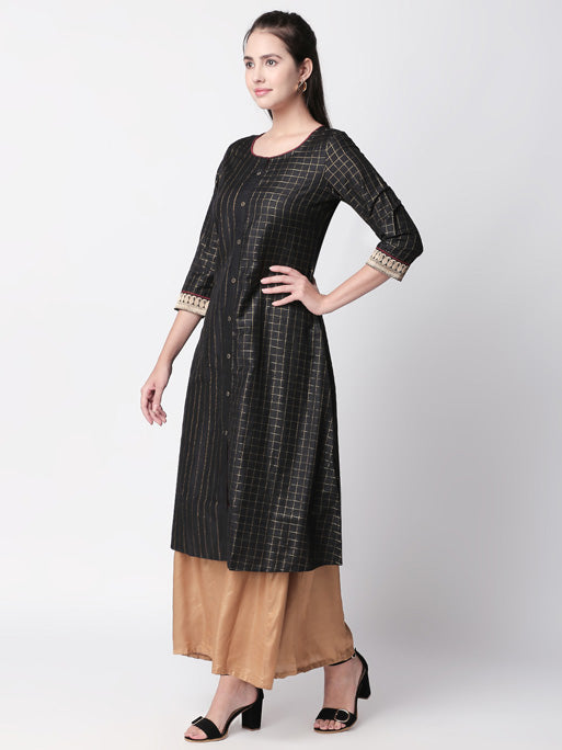 Ethnicity Metallic Black  A-Line Long Kurta Tunic with Button-down Placket
