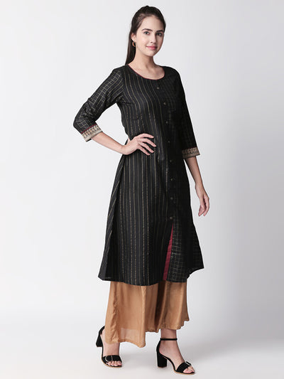 Ethnicity Metallic Black  A-Line Long Kurta Tunic with Button-down Placket