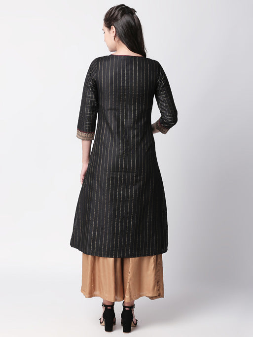 Ethnicity Metallic Black  A-Line Long Kurta Tunic with Button-down Placket