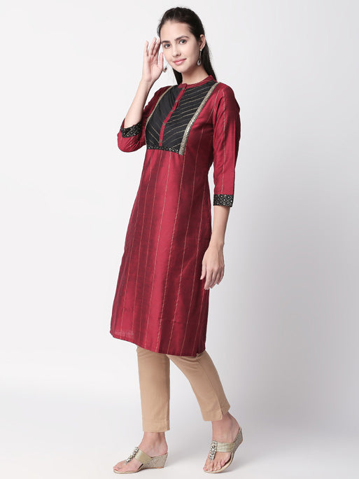 Ethnicity Classy Maroon Metallic Striped Kurta Tunic with Button Down Placket