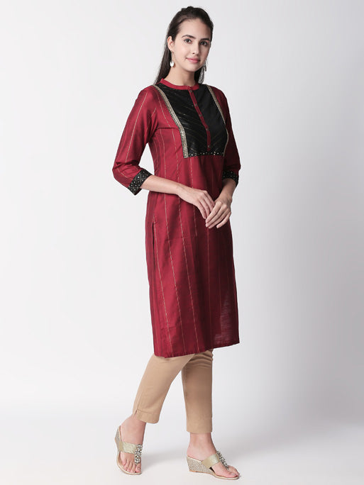 Ethnicity Classy Maroon Metallic Striped Kurta Tunic with Button Down Placket
