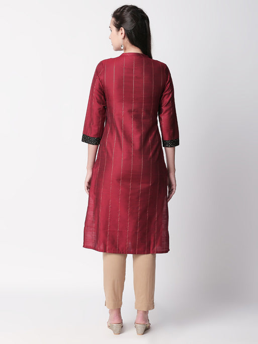Ethnicity Classy Maroon Metallic Striped Kurta Tunic with Button Down Placket