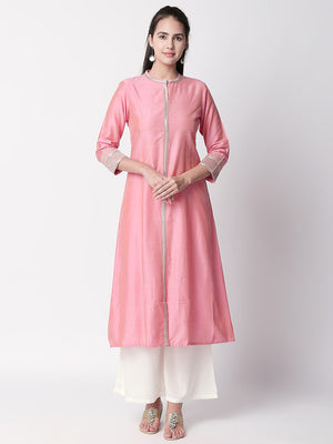 In-Sattva Women's Soft Pink Classic Long Tunic Kurta with Silver Embroidered detailing