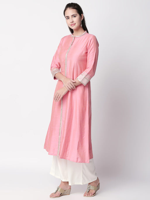 In-Sattva Women's Soft Pink Classic Long Tunic Kurta with Silver Embroidered detailing