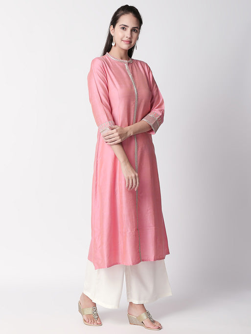 In-Sattva Women's Soft Pink Classic Long Tunic Kurta with Silver Embroidered detailing