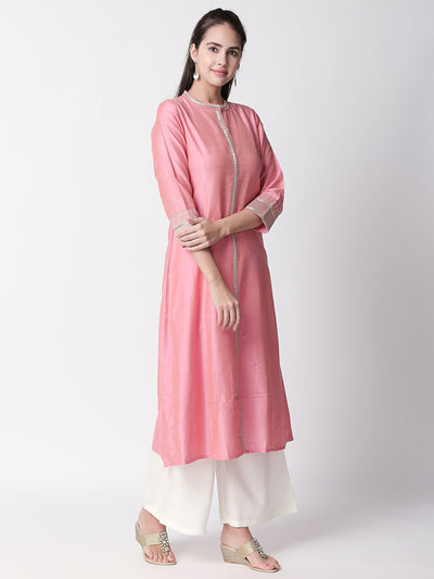 In-Sattva Women's Soft Pink Classic Long Tunic Kurta with Silver Embroidered detailing