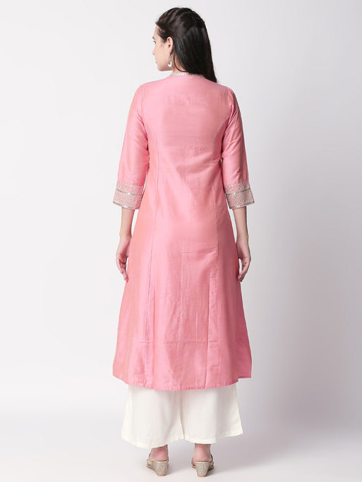 In-Sattva Women's Soft Pink Classic Long Tunic Kurta with Silver Embroidered detailing