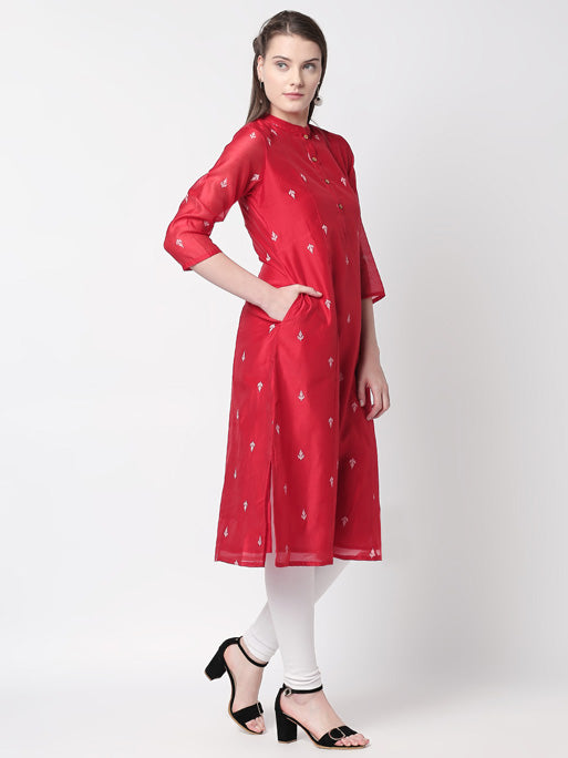 Ethnicity Vibrant Red Kurta Tunic with Button Down Placket