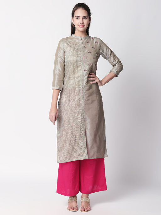 Ethnicity Silver Embroidered and Textured Long Kurta Tunic with Collar