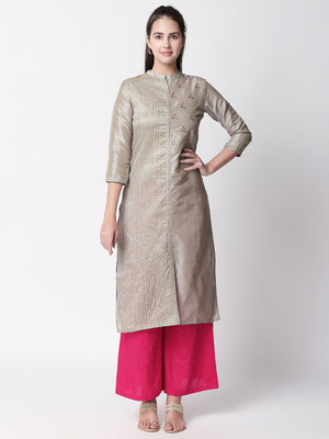 Ethnicity Silver Embroidered and Textured Long Kurta Tunic with Collar