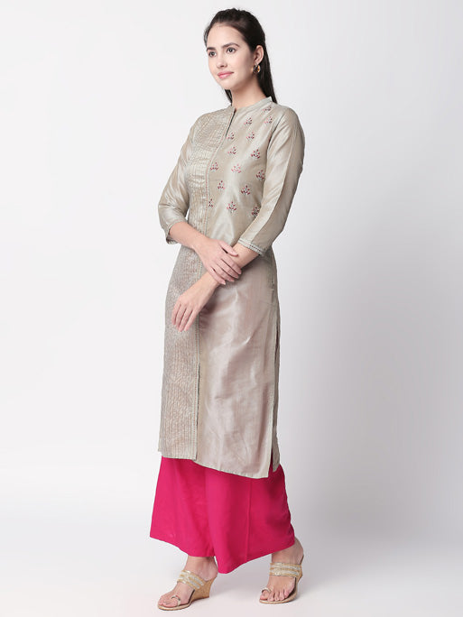 Ethnicity Silver Embroidered and Textured Long Kurta Tunic with Collar